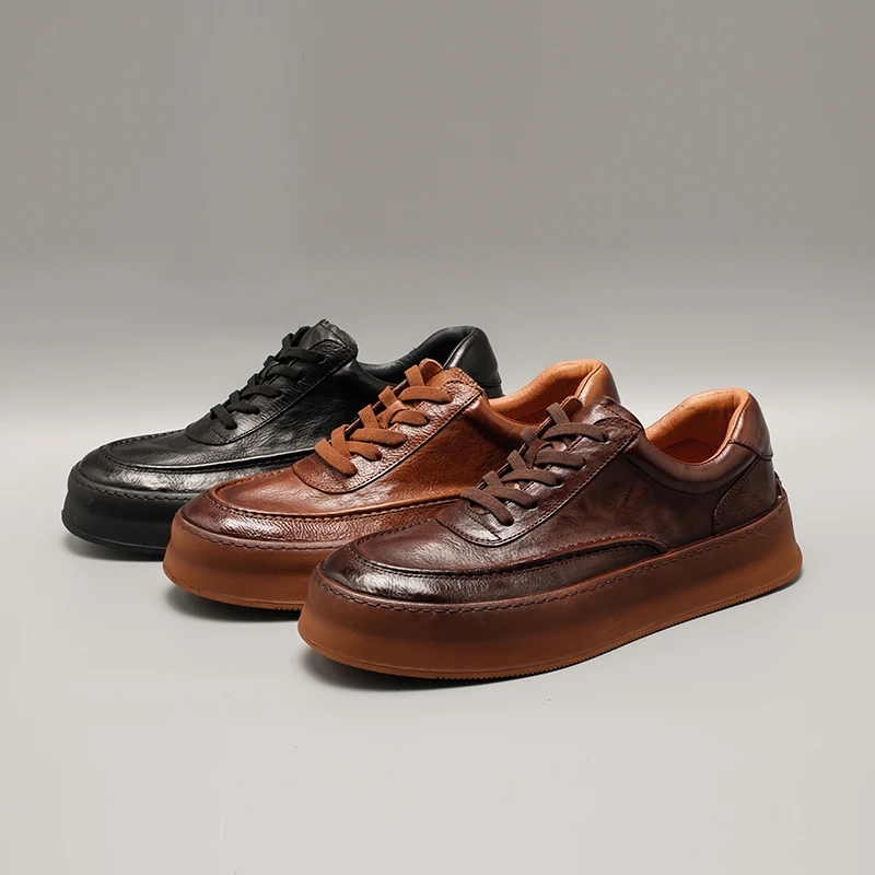 P035-9鞋子男2024秋季新款时尚潮流真皮手工鞋运动板鞋复古男款