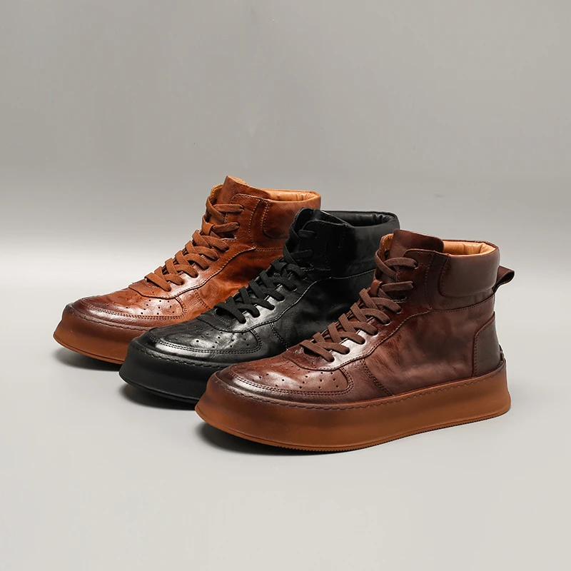 A90350-12鞋子男秋季新款时尚百搭真皮短靴高帮休闲板鞋复古男靴