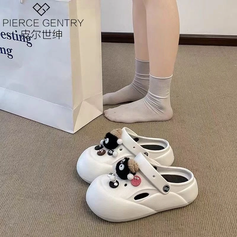 包头半拖凉鞋女夏外穿网红透气厚底防滑百搭休闲卡通饰品洞洞鞋
