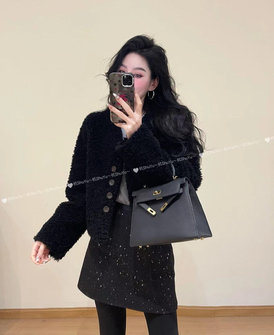 【冬日氛围】韩系澳洲进口100%绵羊毛颗粒绒毛短外套皮毛一体24669