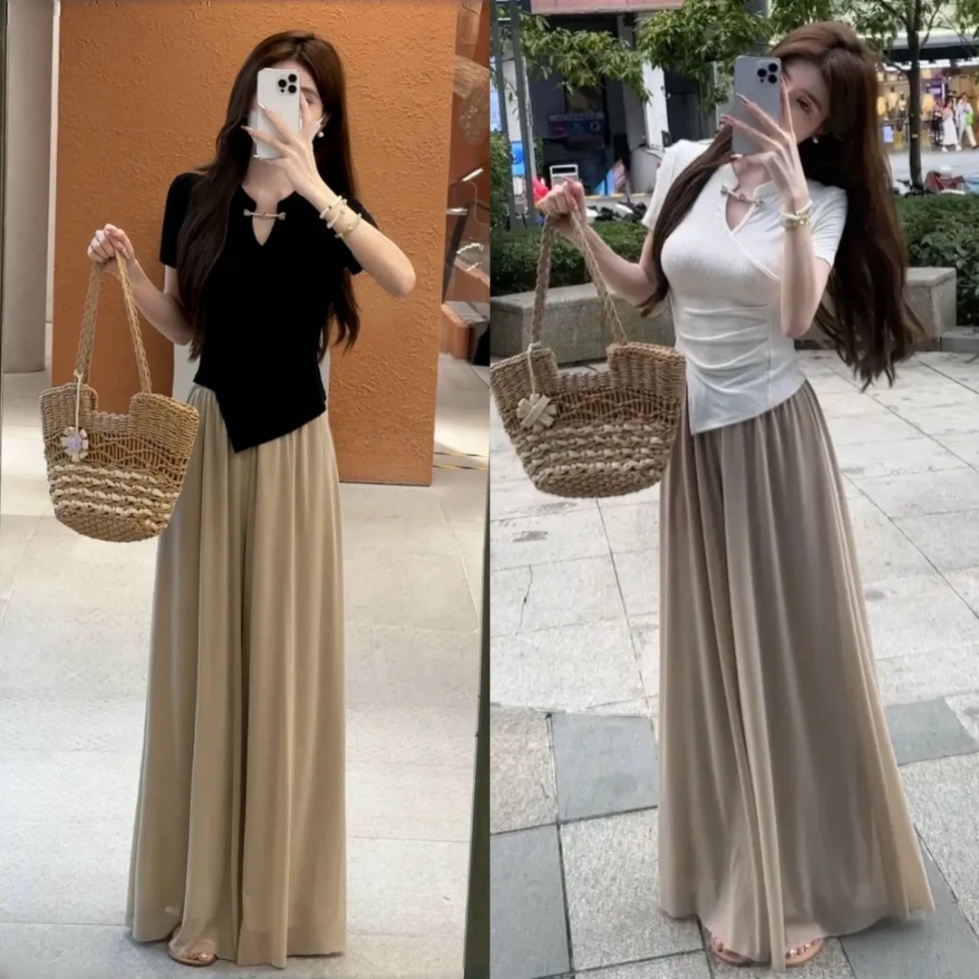 夏季女装网红国风两件套遮肉显瘦不规则盘扣上衣百搭气质阔腿裤女