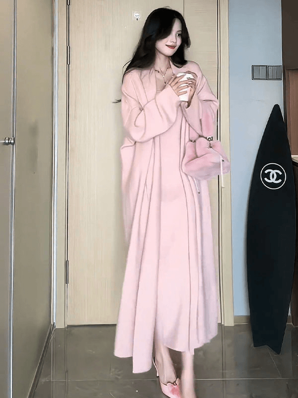 9970#套装女2023秋季新款高级感中长款针织外套+抹胸连衣裙两件套
