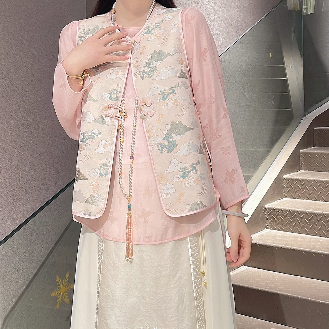 ELFBOX新中式宋锦国风马甲盘扣背心新款上衣无袖马夹外搭短款0828