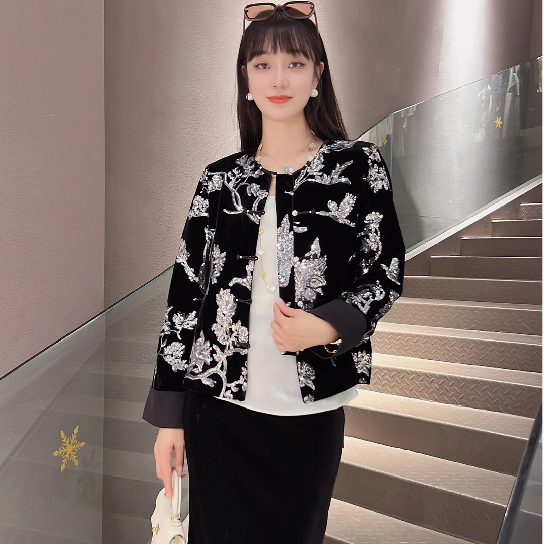 ELFBOX秋冬新款新中式国风高级复古立领盘扣重工刺绣丝绒外套1785