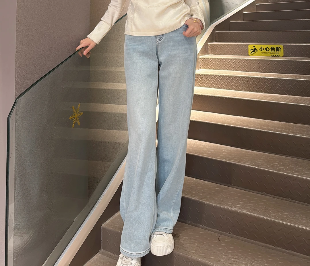 ELFBOX高腰百搭蓝色裤子女宽松直筒裤水洗牛仔裤复古拖地裤32151