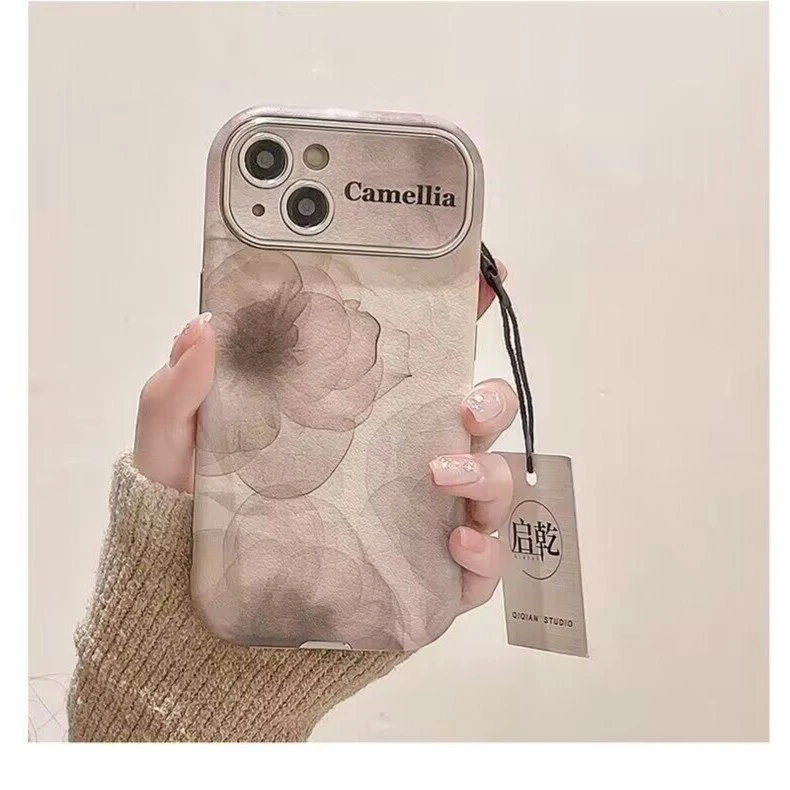 国风水墨画花朵iPhone15皮质大视窗手机壳苹果14promax女款13全包