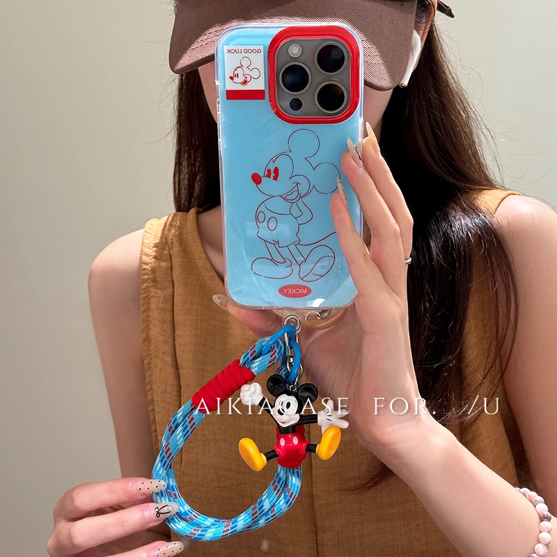 简约ins可爱线条米奇挂件手机壳适用苹果15Promax防摔13/14保护套