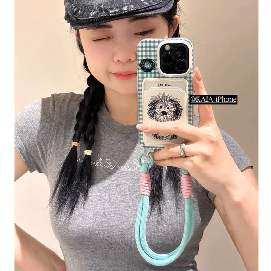 卡通涂鸦狗狗挂绳卡包适用苹果15promax手机壳iphone13新款14软12