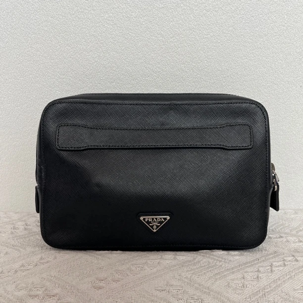 95新 Prada/普拉达 3642/男士黑色全皮双层手拿包
