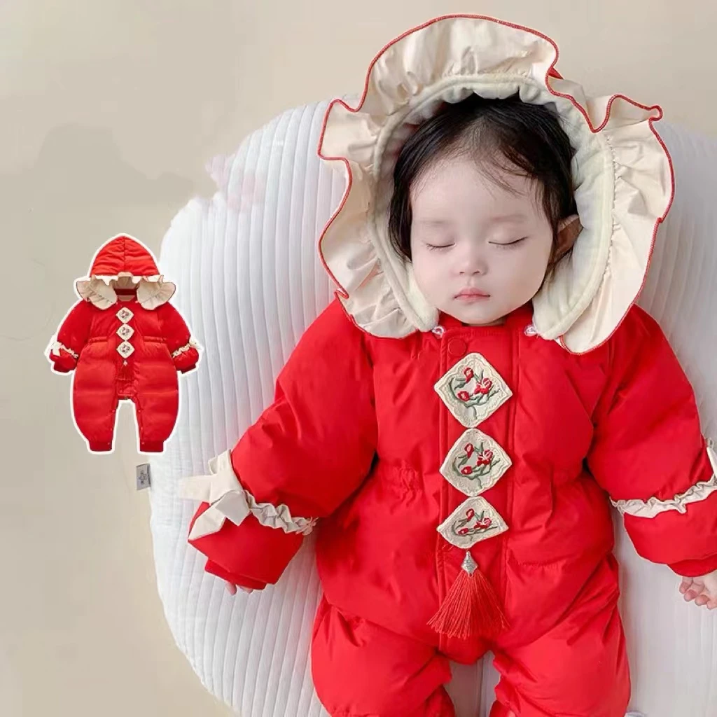 婴儿秋冬装加绒连体衣拜年服女宝宝超萌满月百天公主哈衣过年衣服