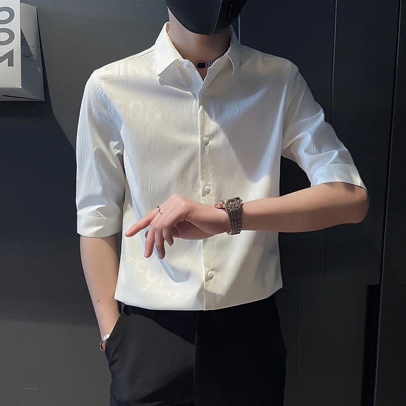 高级感衬衫男士短袖夏季薄款白色衬衣男装潮流痞帅冰丝五分袖寸衫