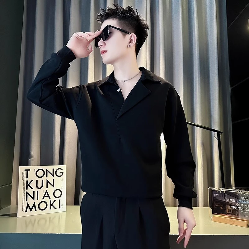 潮牌v领卫衣男2025新款春秋款男款polo衫黑色男士长袖t恤秋装上衣