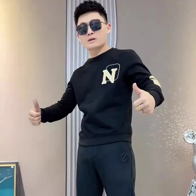 2024春秋新款潮男字母卫衣网红修身帅气爆款长袖百搭圆领打底上衣