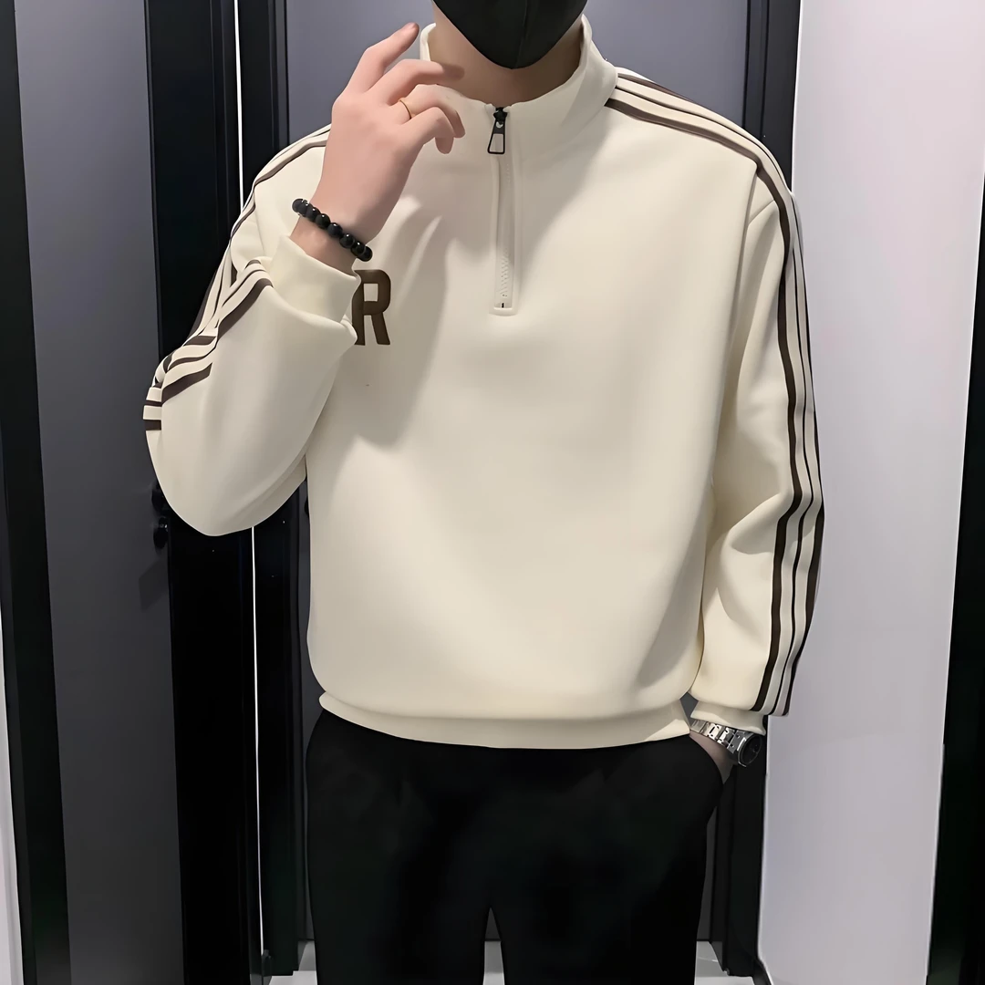 春秋季立领半拉链卫衣男拼色条纹高级感2024新款秋装长袖爆款上衣