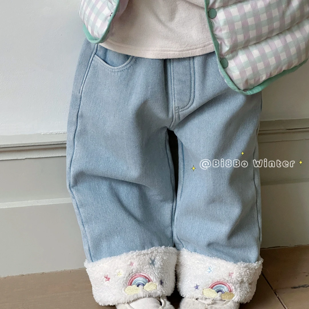 【糕妈专属】bi8bo冬季新款加厚女童女宝洋气彩虹绣花牛仔裤 30959