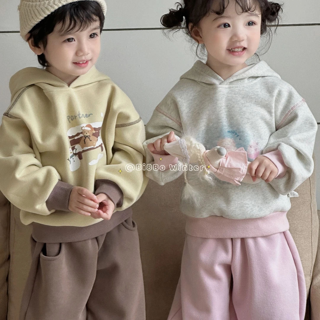bi8bo24秋冬新款男童女童保暖加厚韩版休闲连帽卫衣套装 30937