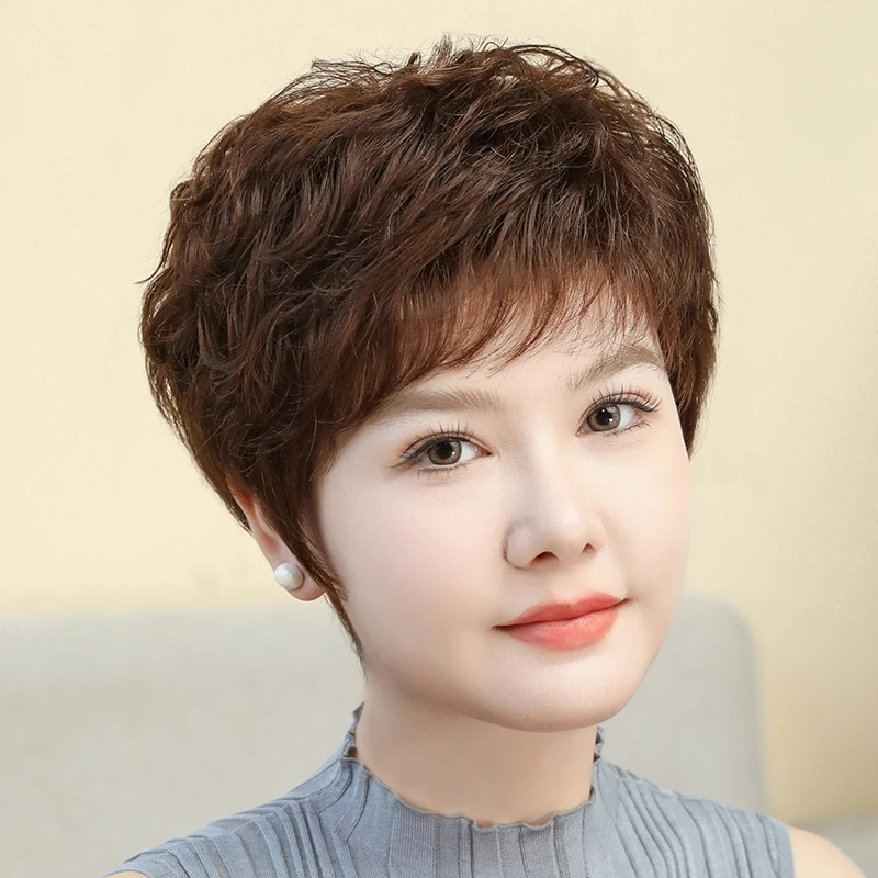 假发女全头套短款假发100%全真发轻薄中老年妈妈款头套透气逼真