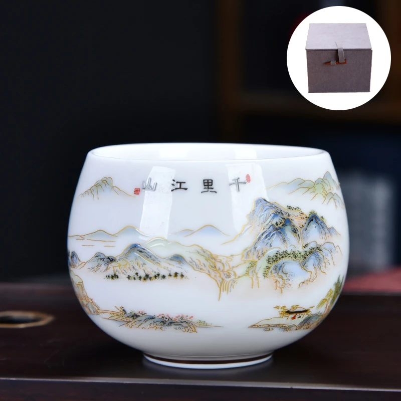羊脂玉茶杯金丝千里江山杯大容量泡茶盏杯家用办公德化白瓷品茗杯