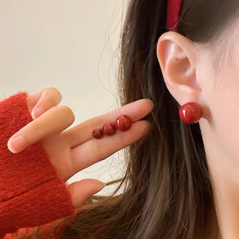 铜合金耳饰 红色耳钉馒头款复古新年款耳饰百搭港风时尚气质
