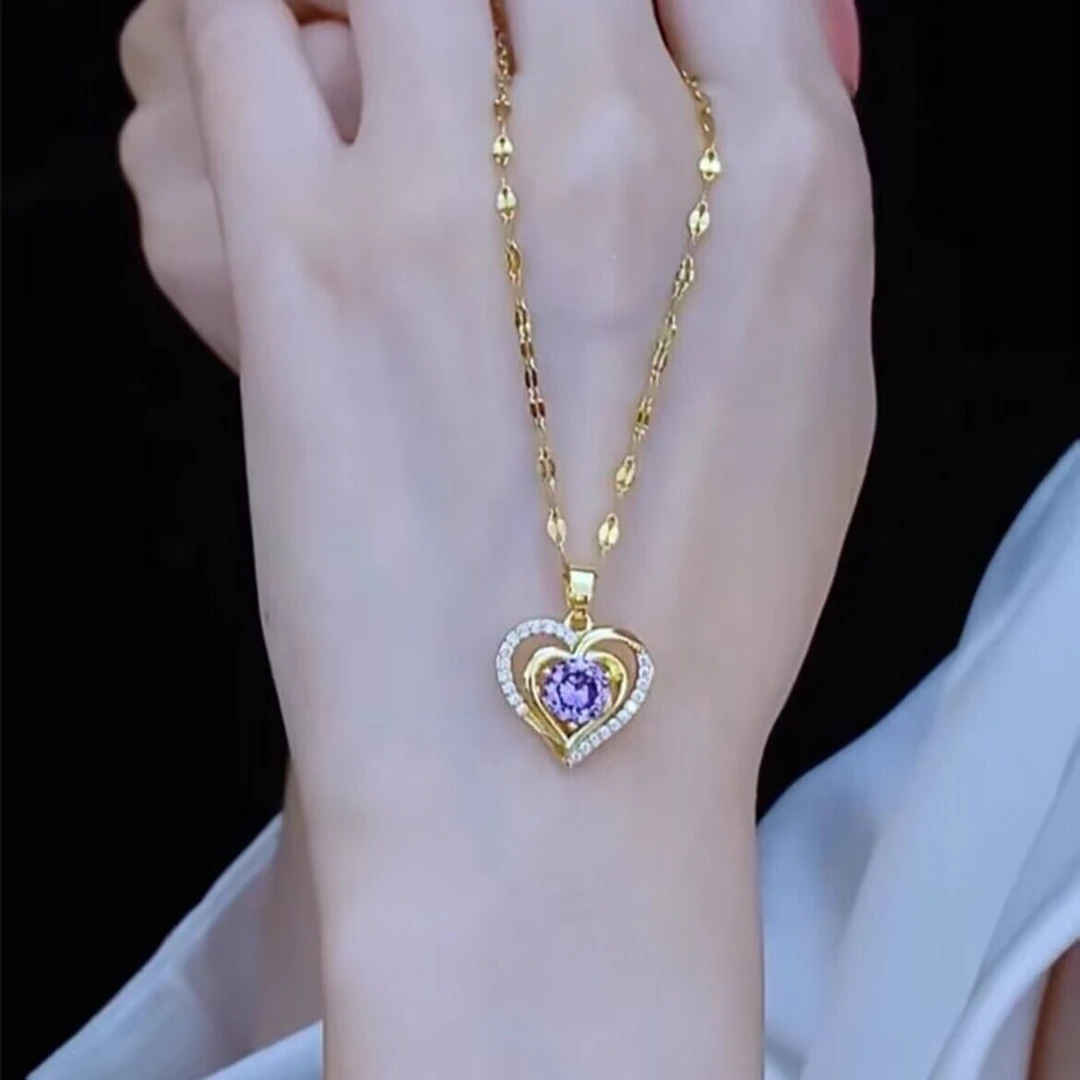 钛钢合成锆石项链 气质轻奢时尚海洋之心坠链百搭 项链