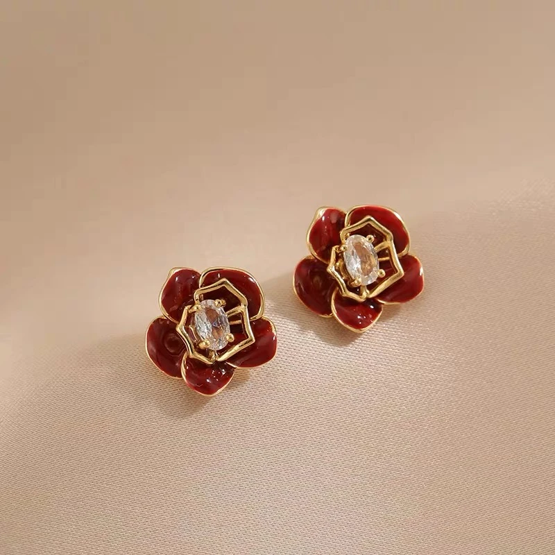 铜合金耳饰 酒红色山茶花耳钉女秋冬复古港风高级感耳环新年耳饰
