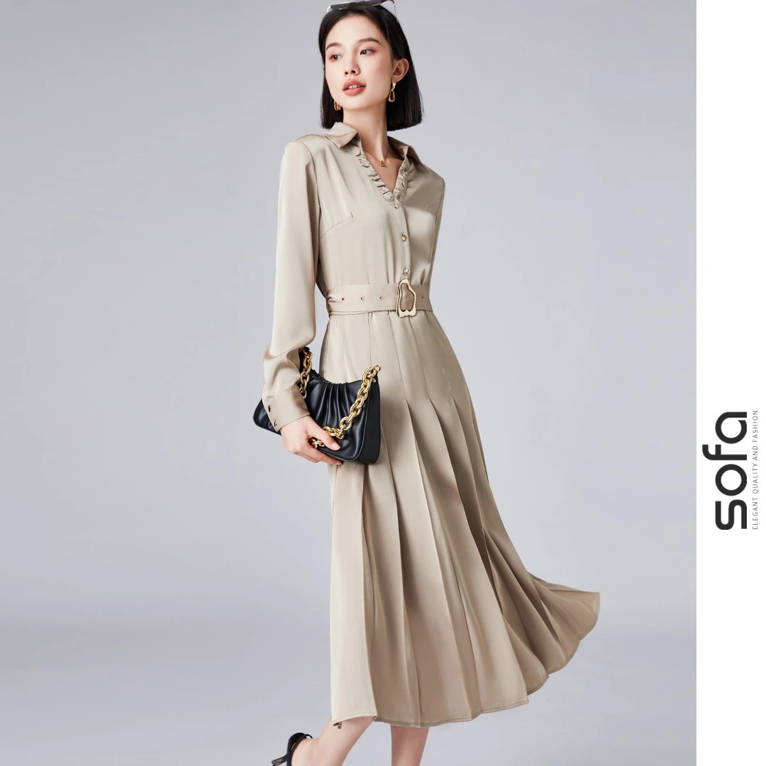 二收腰气质修身通勤高级感百褶轻奢优雅法式女装连衣裙31L77001