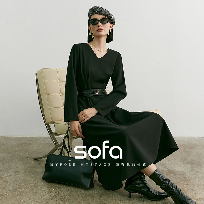 sofaS33L2211278时尚休闲黑色连衣裙女收腰显瘦气质V领A字中长裙