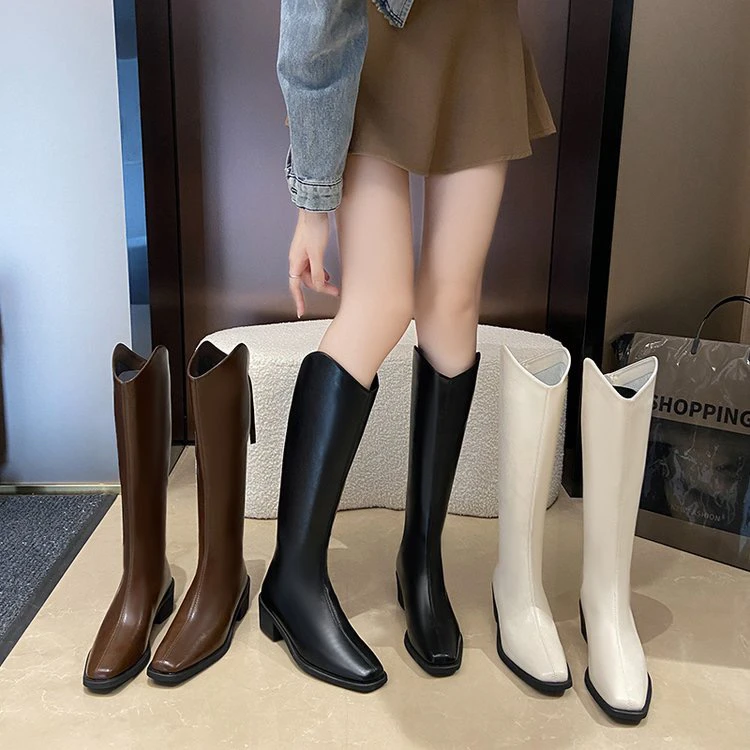矮跟长靴百搭粗跟中筒高跟小个子瘦瘦靴骑士尖头秋冬真皮8818-1