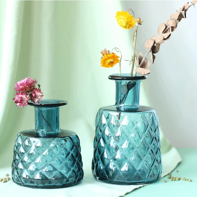 现代轻奢风花瓶花器简约北欧蓝色玻璃花瓶水培干花花器软装家居