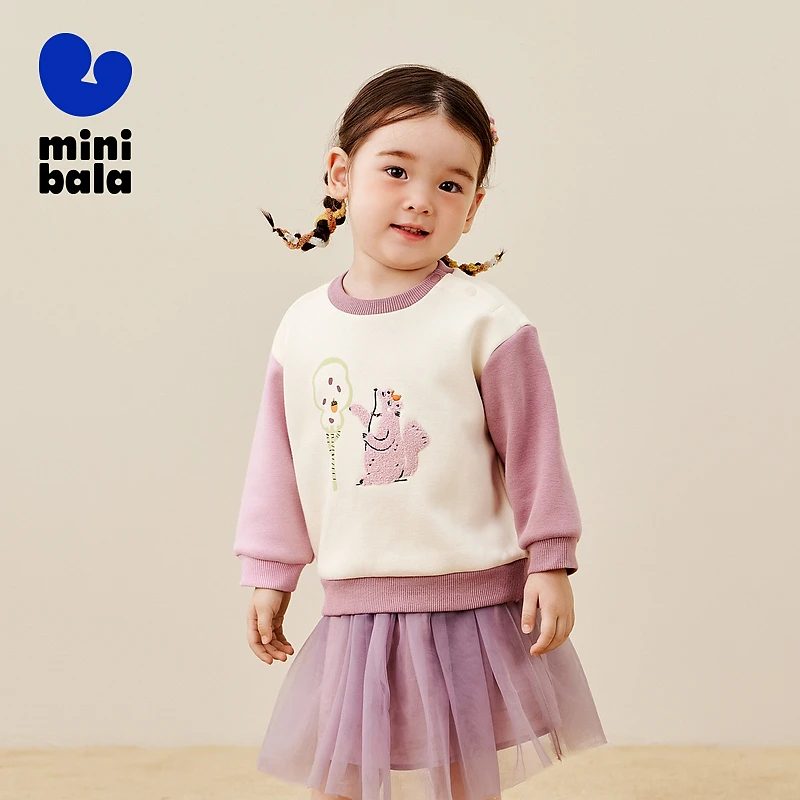 迷你巴拉男女童加绒卫衣2024冬新品长袖上衣圆领套头内搭时尚百搭