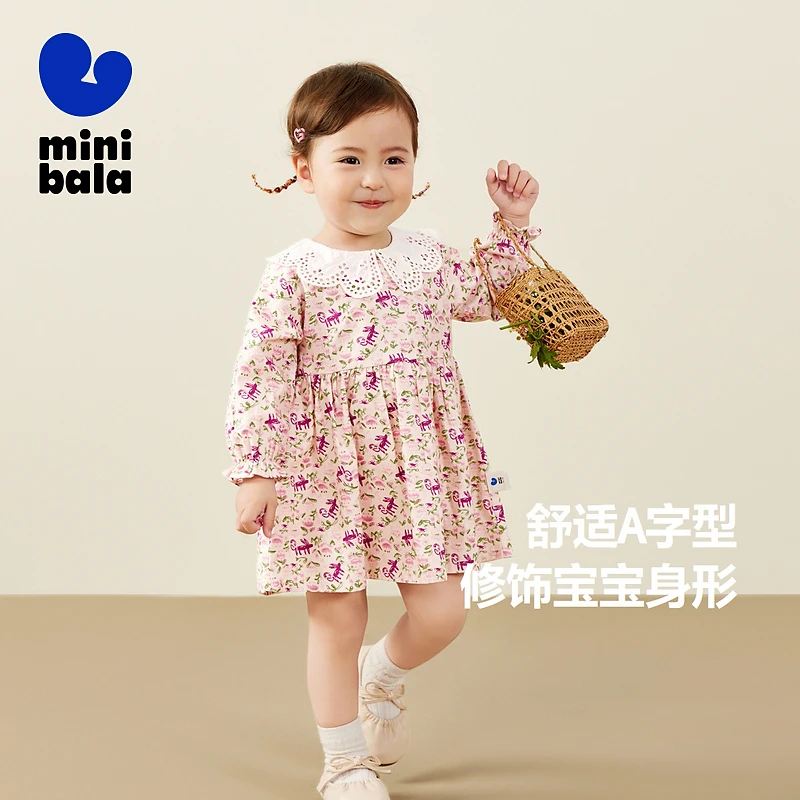迷你巴拉女童长袖连衣裙花瓣领甜美纯棉裙子碎花甜美