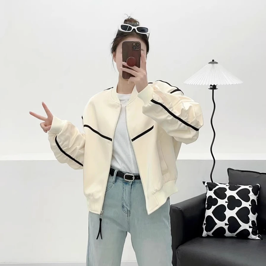 棒球服外套休闲百搭短款百搭宽松夹克线条设计感通勤拼接线条#WH
