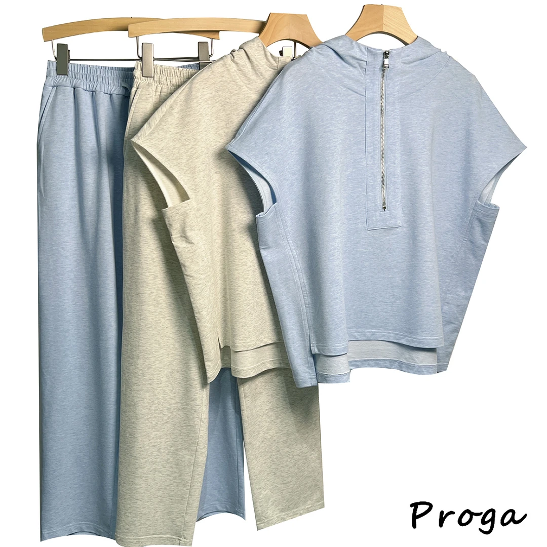 百搭夏季休闲时尚简约舒适纯色半开衫连帽针织卫衣外套套装2023