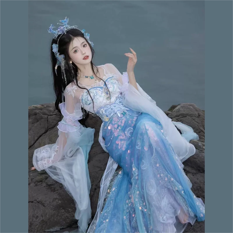 【海上生明月】汉服汉元素蓝色礼服款连衣裙抹胸下裙分体式礼服海边