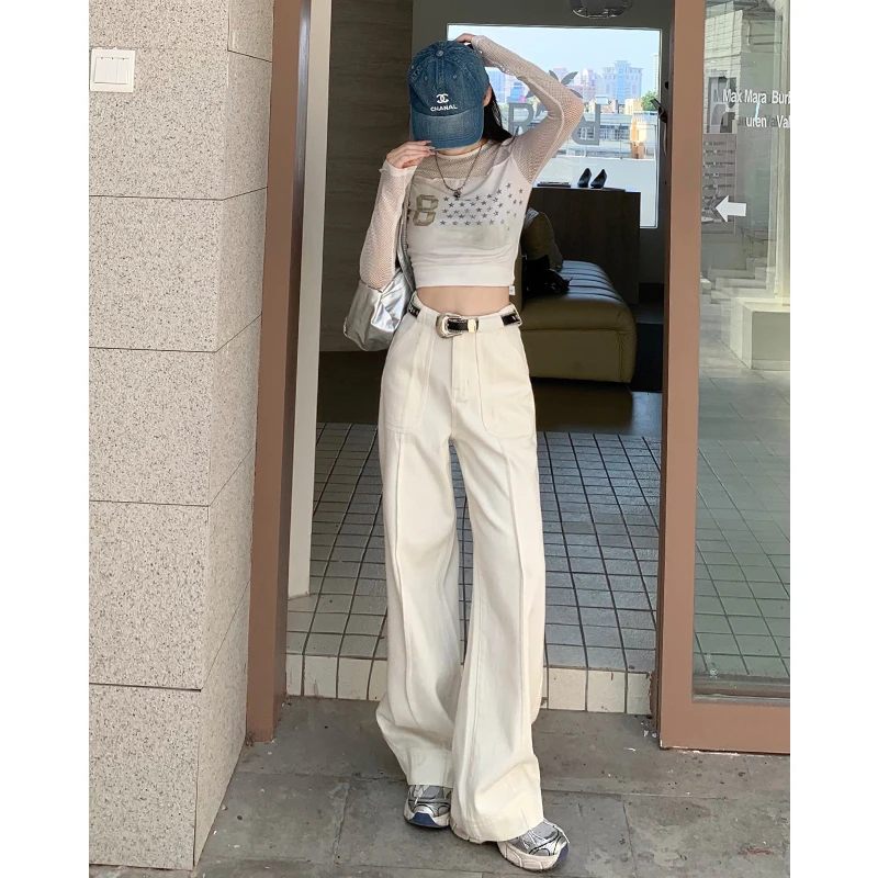 高腰显瘦百搭直筒阔腿裤子复古宽松休闲白色拖地牛仔裤女秋季新款