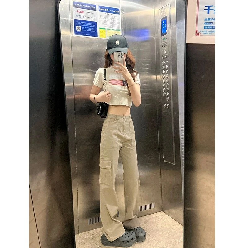 高个子加长卡其色高腰显瘦直筒春秋2024牛仔裤女欧美高街工装裤子
