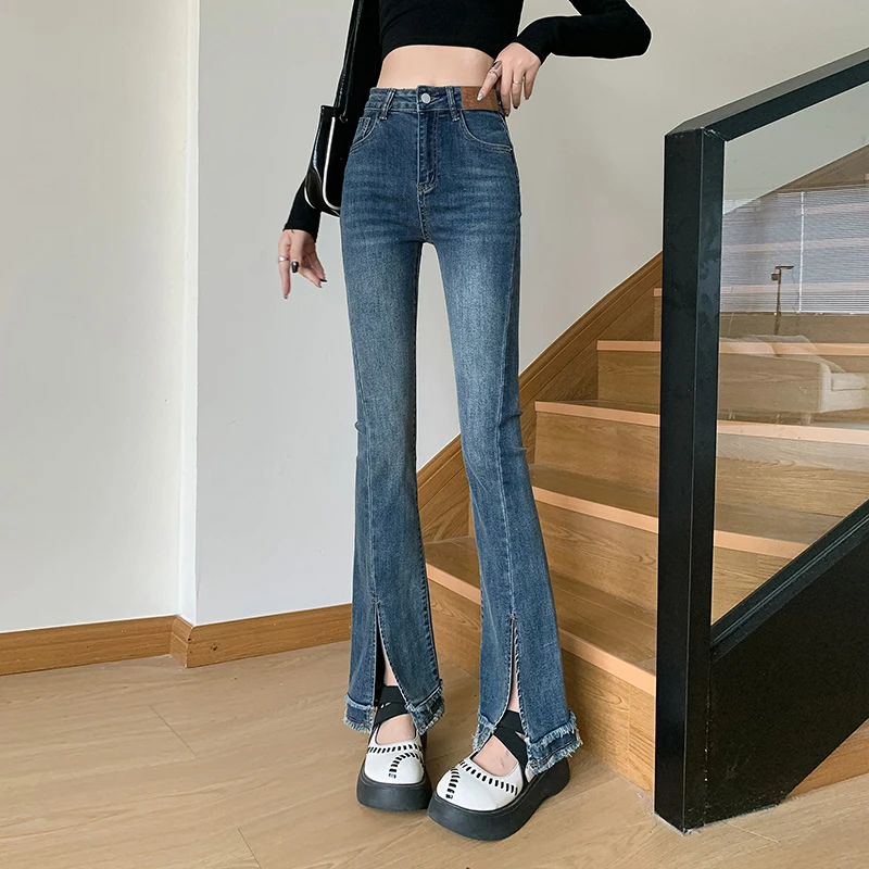 秋款高腰毛边开叉喇叭牛仔裤女微喇春秋2024新款修身复古弹力裤子