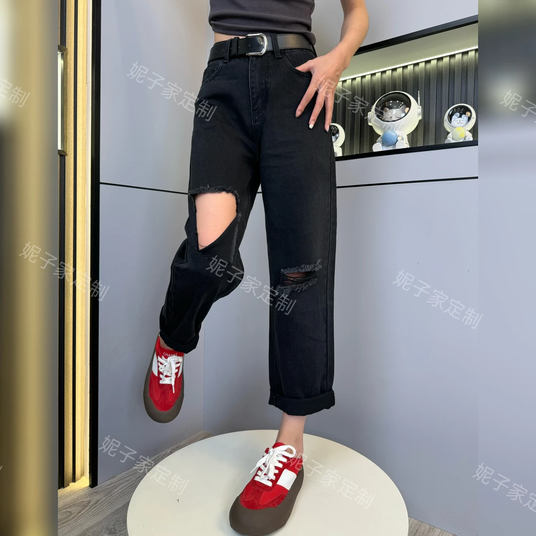 2025年秋季新款宽松牛仔裤女破洞百搭显瘦高腰九分直筒九分牛仔裤