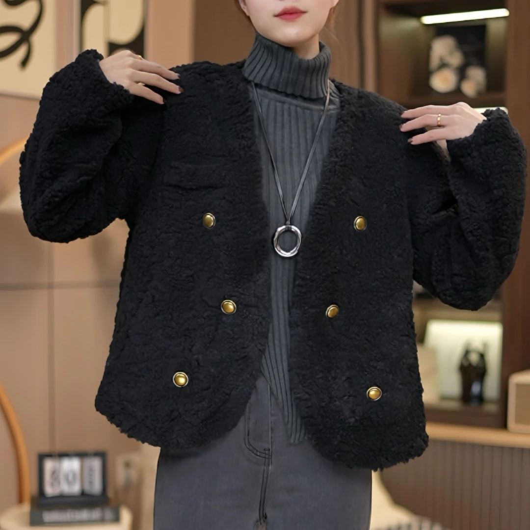 妮子家2024冬季新款小香风榻榻毛短款皮毛一体夹克外套女保暖棉衣