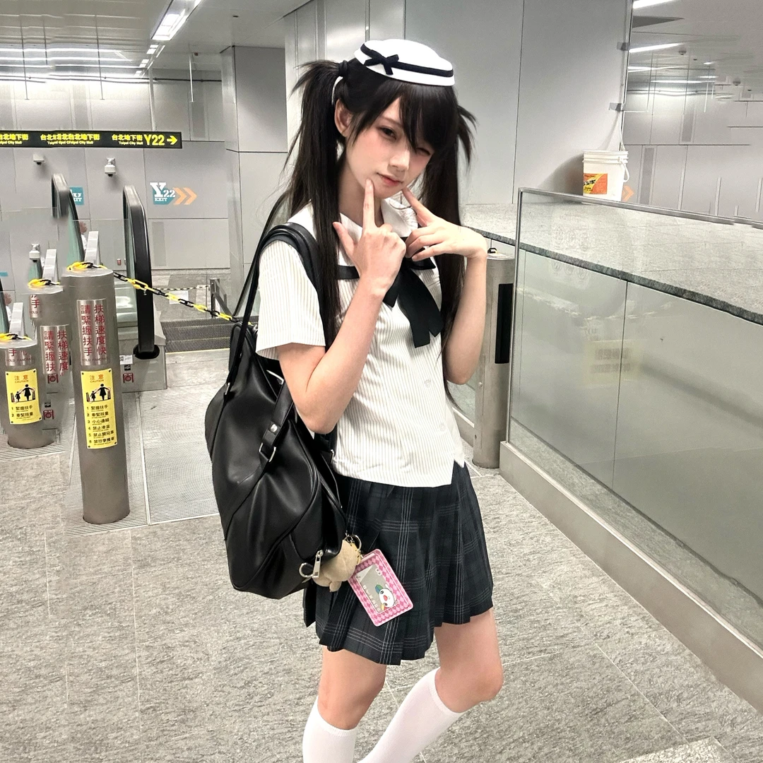 津御中/jk制服灰色条纹收腰衬衫短袖基础款春夏季女衬衣水手服