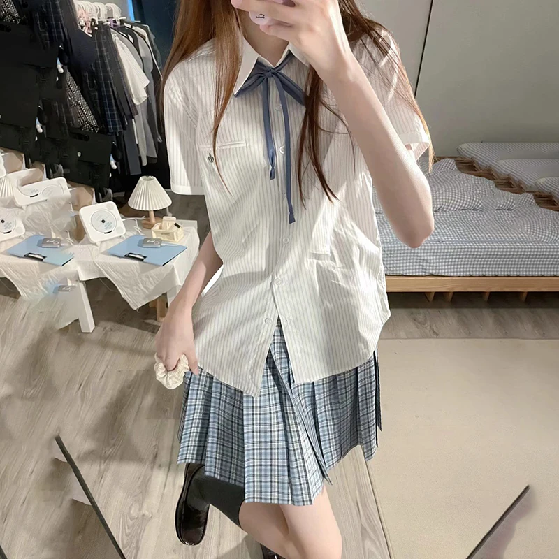 沧夏/原创学院风灰蓝色jk格裙春夏季日系浅色百褶裙校供感甜美