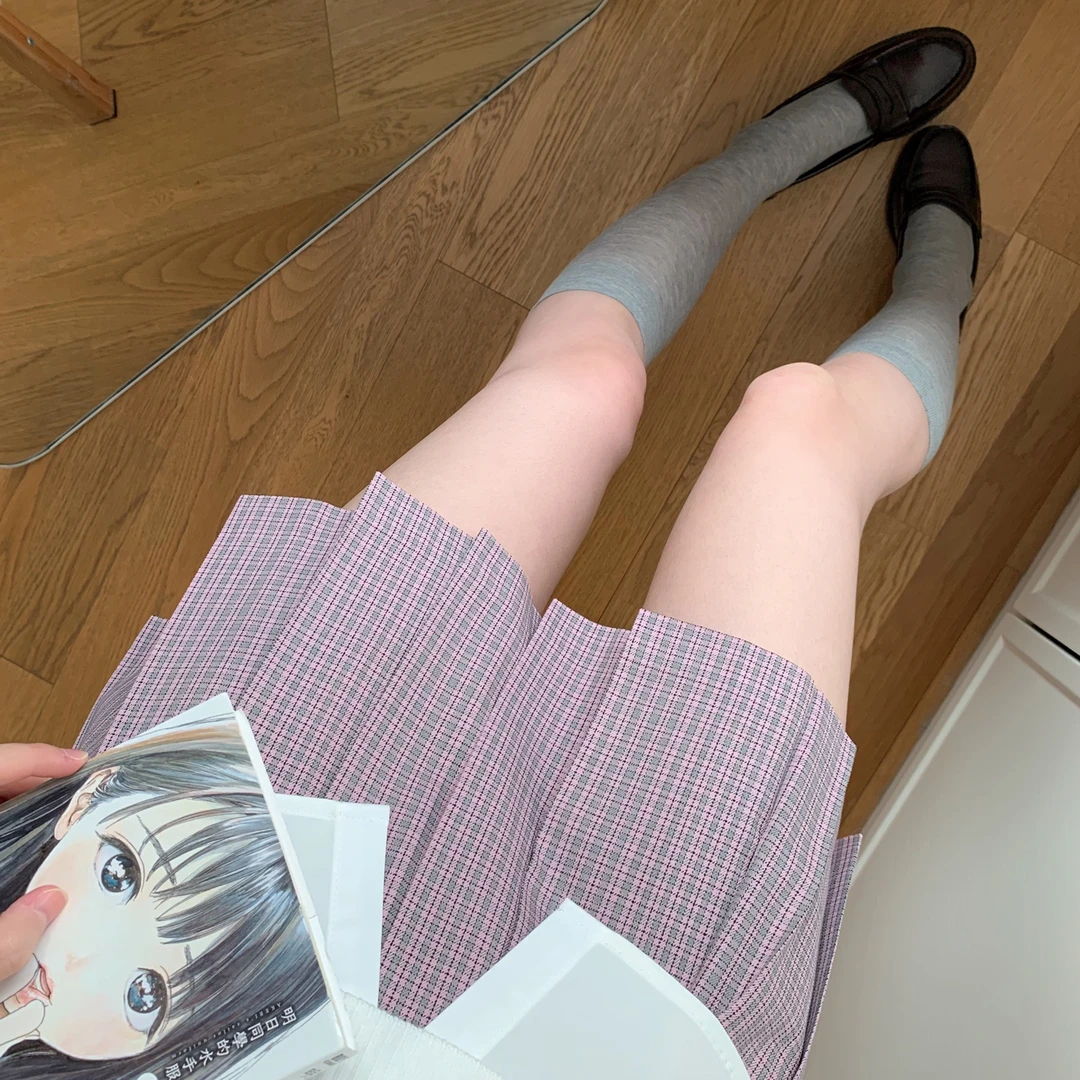 落樱/原创春夏校供感jk格裙学生a字半身裙学院风粉格百褶裙短裙