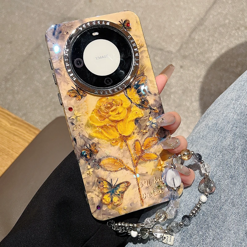 蓝光蝴蝶黄玫瑰适用华为mate60pro+手机壳女pura70防摔p60高级感