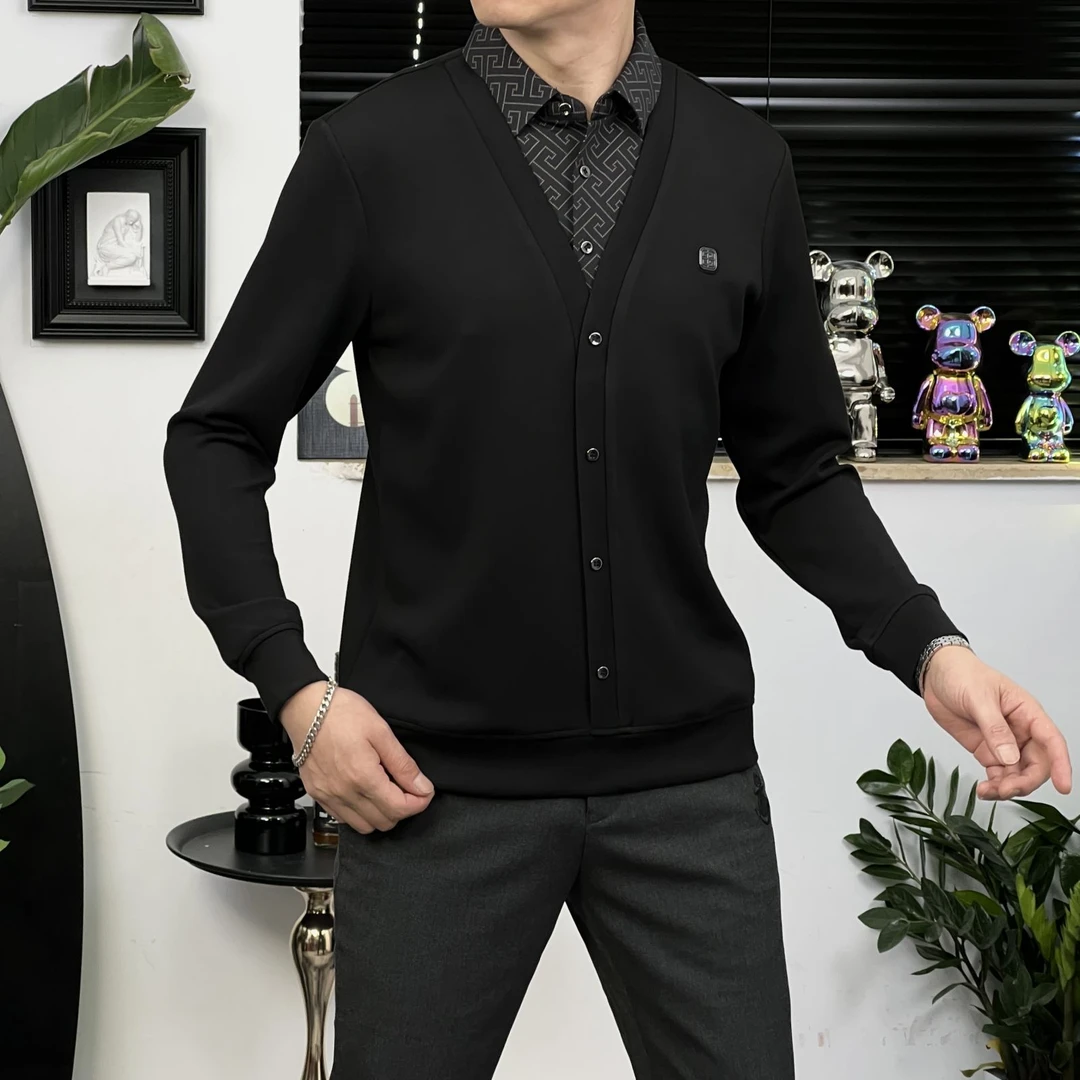 男士秋季轻商务新款长袖V领假两件休闲卫衣(5359)