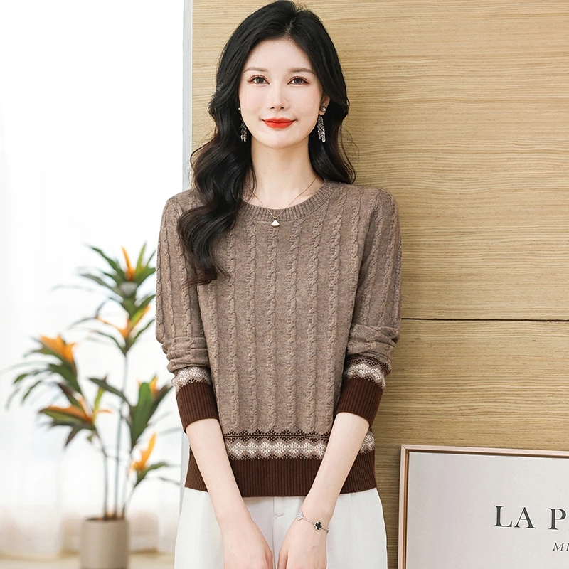 沐羊新品秋季圆领长袖针织衫女提花上衣宽松套头百搭