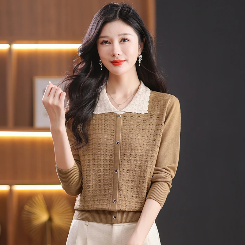 翻领长袖镂空提花针织衫女薄款春秋气质百搭显瘦上衣