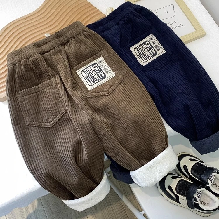 男童冬季加绒灯芯绒裤子2025新款冬款加厚一体儿童休闲男孩洋气潮