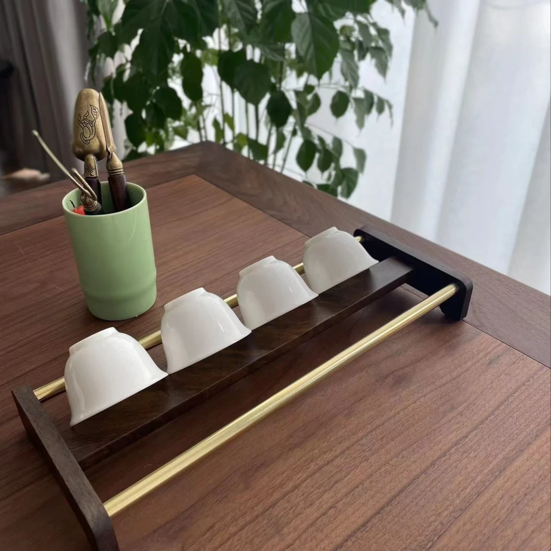 黑檀桐木杯架 品茗杯沥水架 铜木 29-11-3cm高