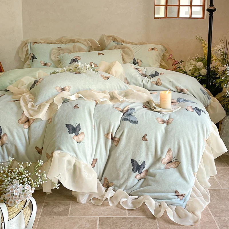 公主风高克重花边牛奶绒印花四件套