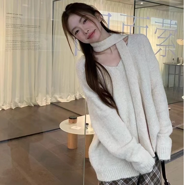 慵懒风v领围巾挂脖毛衣女春秋百搭休闲软糯宽松中长款针织衫上衣